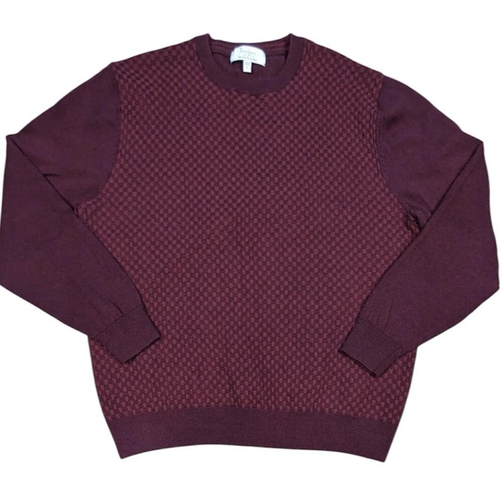 Turnbury Sweater Men's Large Extra Fine Merino Wool Checkered Burgundy Crew Neck